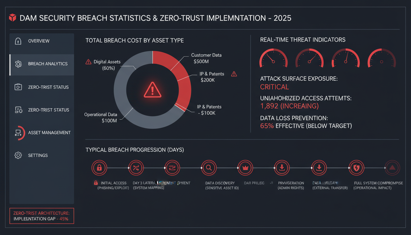 DAM security dashboard displaying zero-trust breach analytics with cost breakdowns and timeline showing asset encryption fail