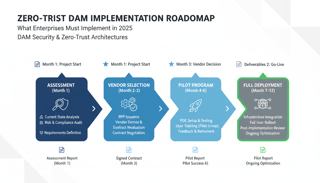 Zero-trust DAM security implementation timeline showing 4-phase roadmap from assessment to full deployment with milestones