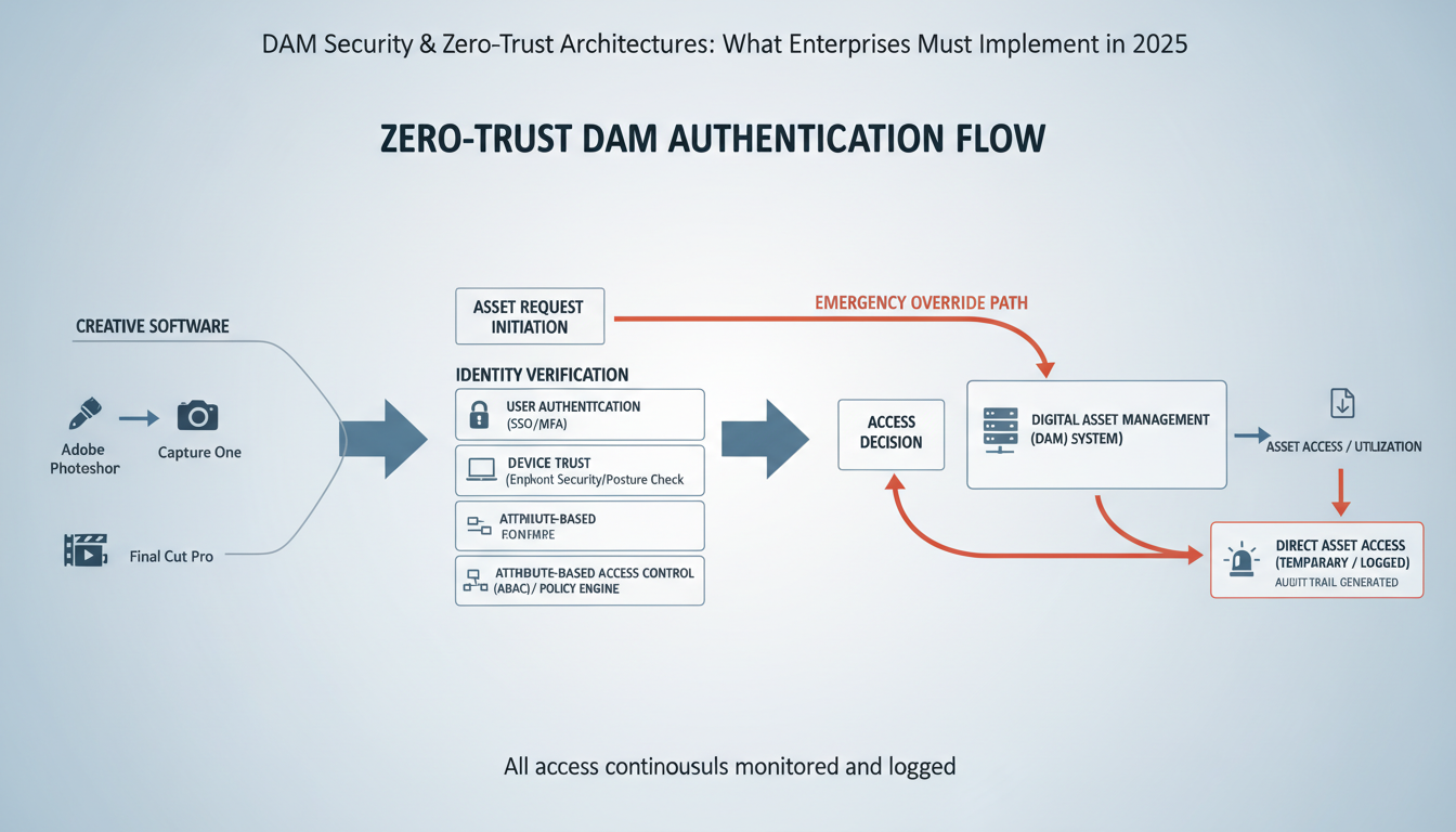 Zero-trust DAM security workflow diagram showing authentication flow from creative software to secure asset access with emerg