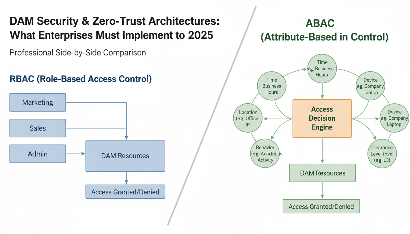 RBAC vs ABAC comparison diagram showing zero-trust architecture access policies with role-based and attribute-based security 