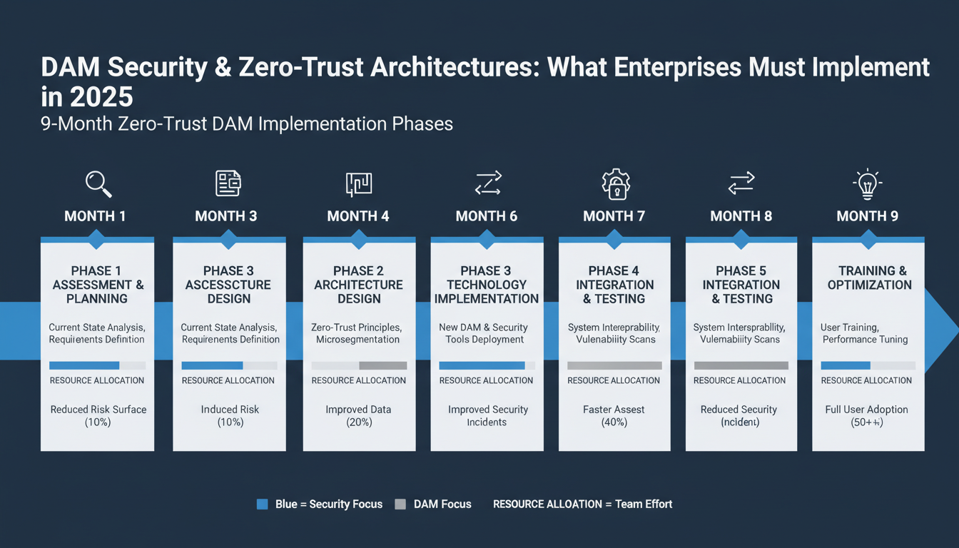 Timeline diagram of 9-month zero-trust DAM security implementation with phases, milestones and access policies metrics