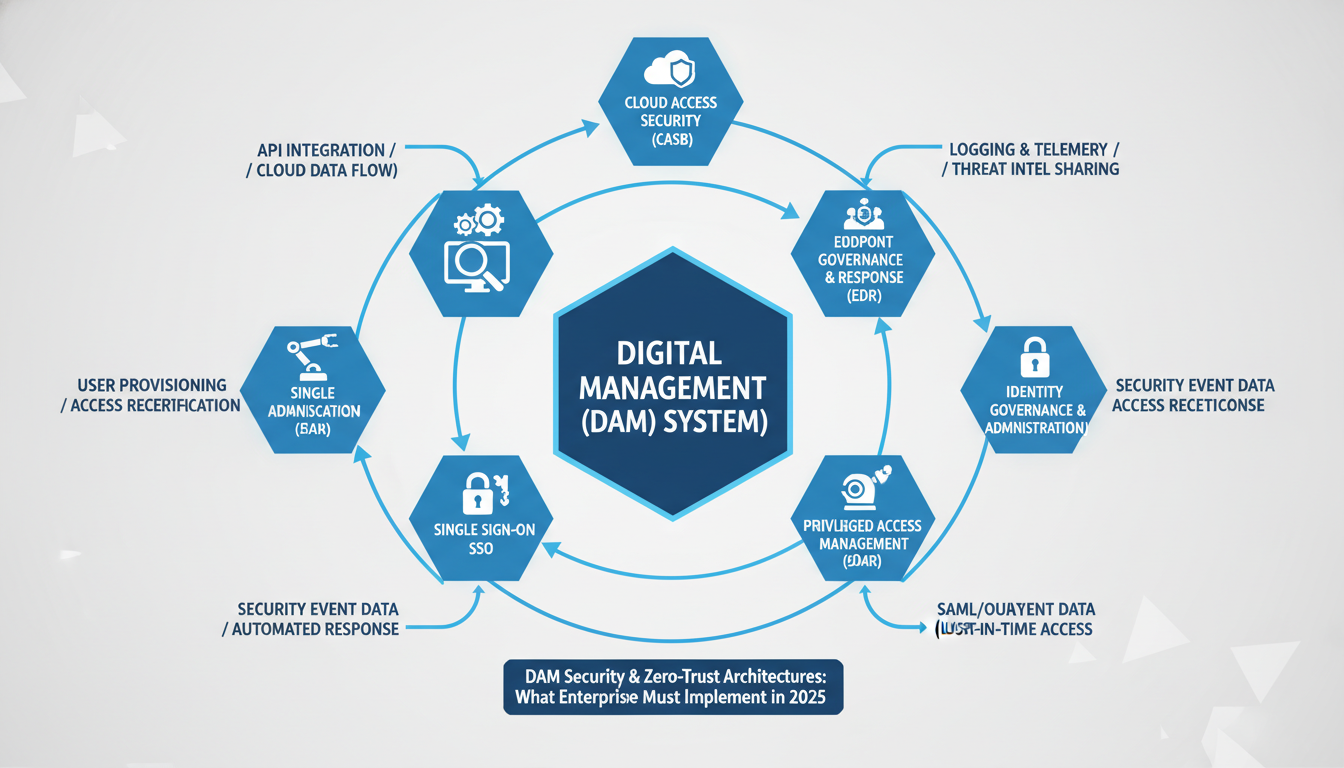 DAM security zero-trust architecture diagram showing central system connected to CASB EDR IGA SOAR SSO PAM with access polici