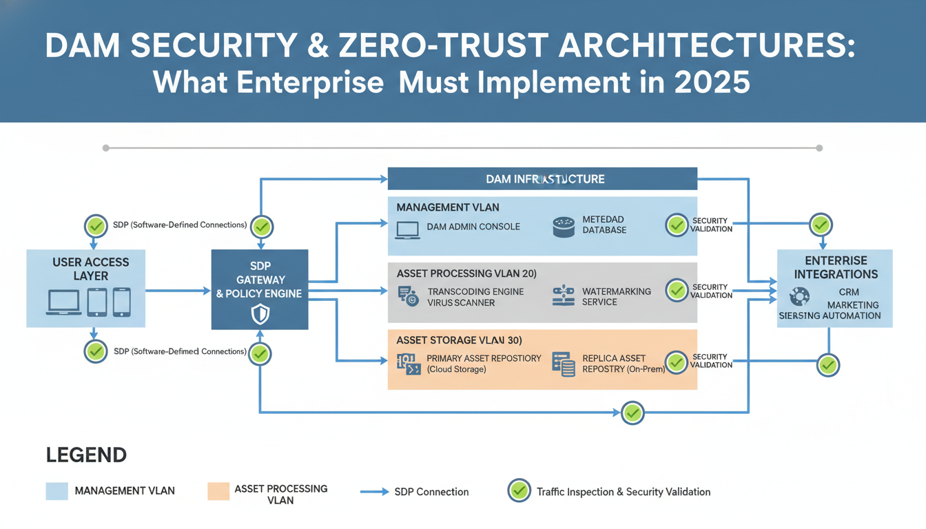 DAM security zero-trust architecture diagram with VLAN segments, encrypted connections, and access policy validation points