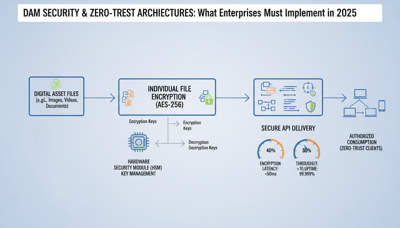 AES-256 encryption flow diagram showing zero-trust architecture for DAM security with asset encryption and secure delivery