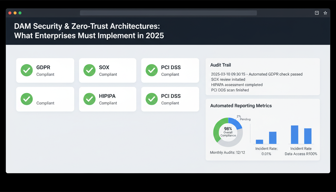 DAM security dashboard displaying zero-trust compliance status for GDPR, SOX, HIPAA with encrypted asset access policies