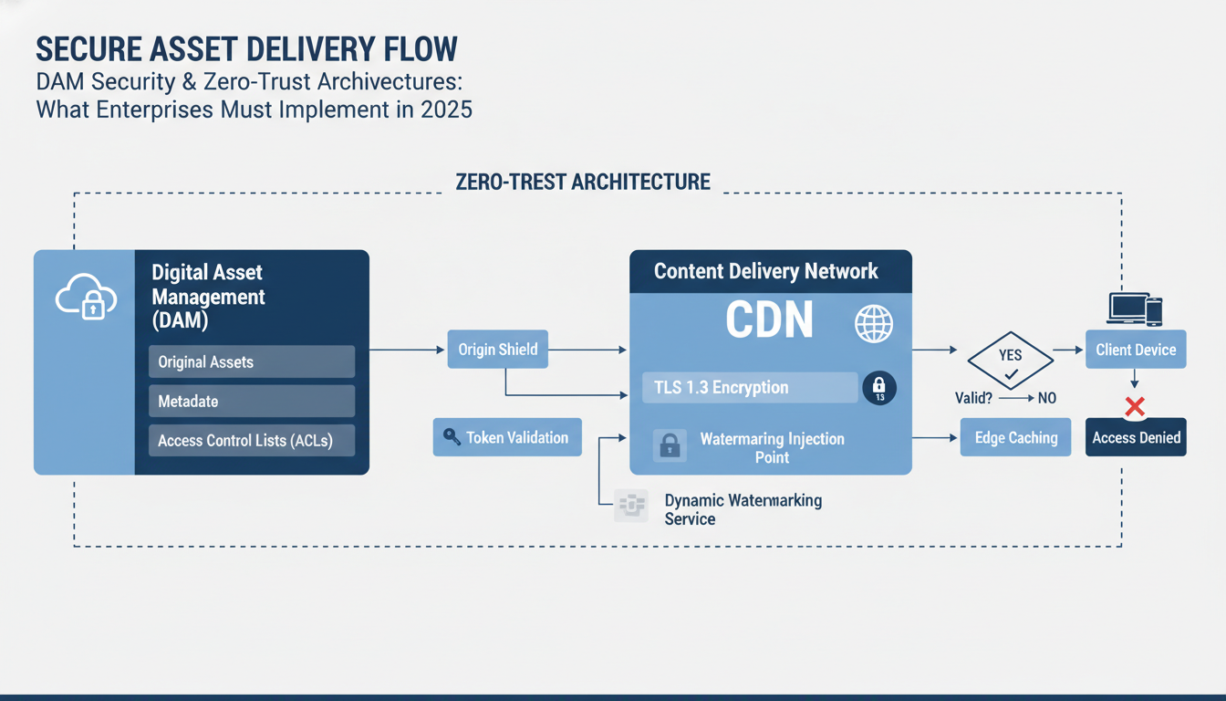 DAM security zero-trust architecture diagram showing secure asset delivery with TLS encryption and access policies