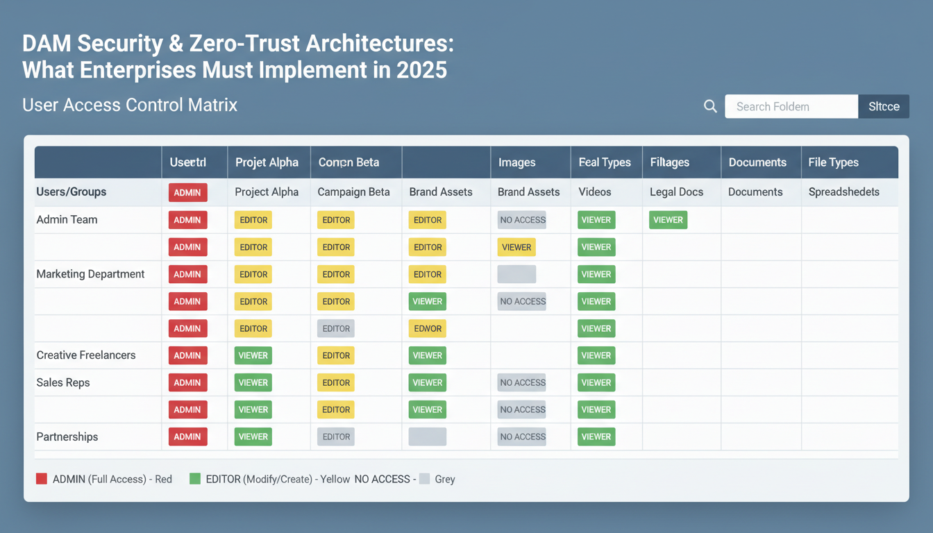 DAM security dashboard displaying zero-trust access policies with admin, editor, and viewer permissions across encrypted asse