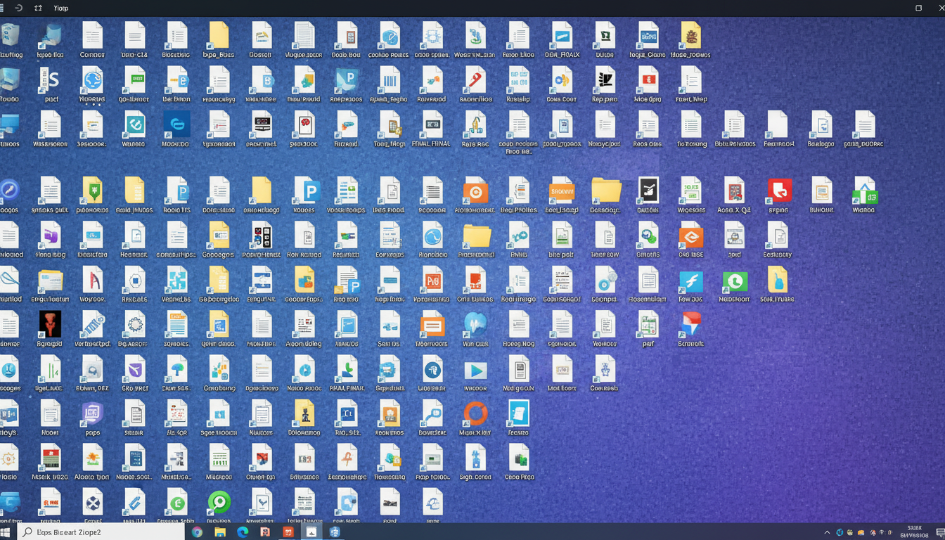 Cluttered desktop screenshot showing Level 1 creative operations maturity with scattered files demonstrating need for DAM int
