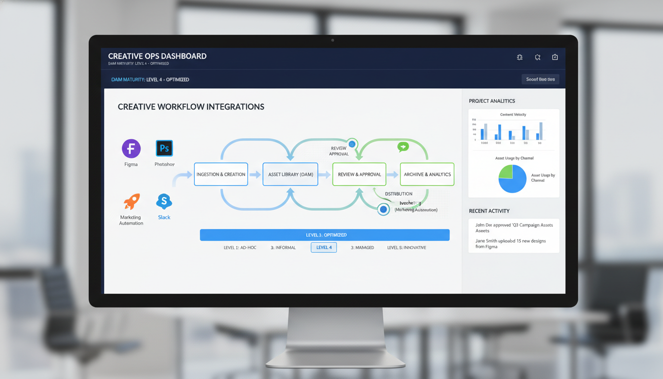 DAM dashboard showing creative operations maturity with integrated Figma, Photoshop, Slack tools and workflow automation