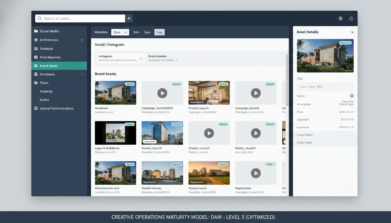 DAM interface showing organized folder structure for creative operations maturity with social media and brand asset categorie