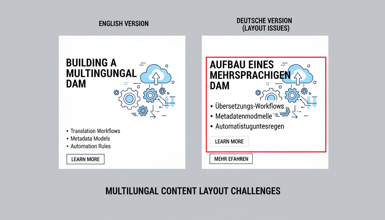 Multilingual DAM translation workflow comparison showing English vs German banner with text overflow localization issues