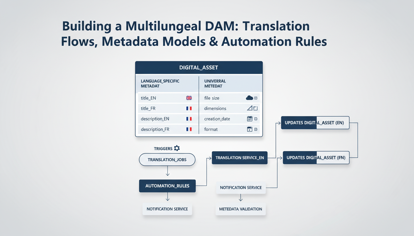 Multilingual DAM database schema diagram showing localized metadata fields and translation workflow structure for digital ass