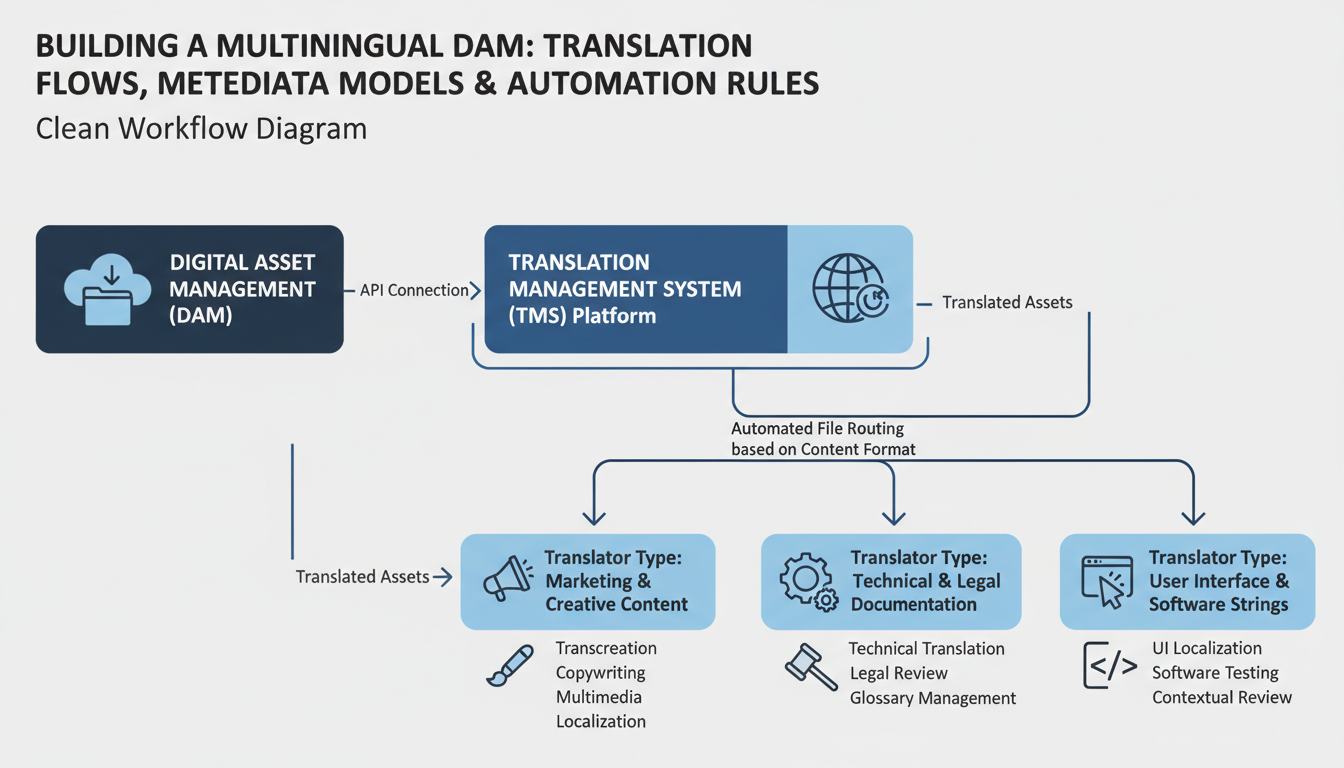 Multilingual DAM workflow diagram showing API connection between DAM and TMS with automated translation routing based on cont