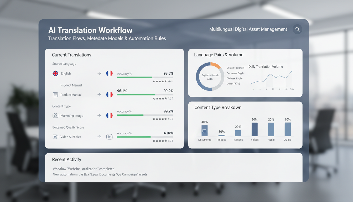 Multilingual DAM dashboard displaying translation workflows with accuracy metrics and localized metadata for automated conten