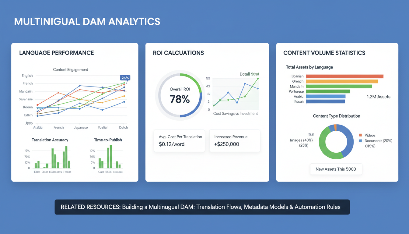Multilingual DAM dashboard displaying translation workflow analytics and localized metadata performance across 12 languages