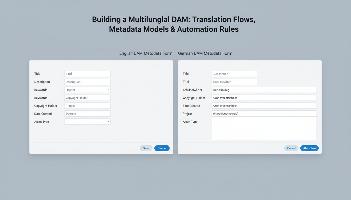 Multilingual DAM interface showing English and German metadata forms with localized field sizing for translation workflows