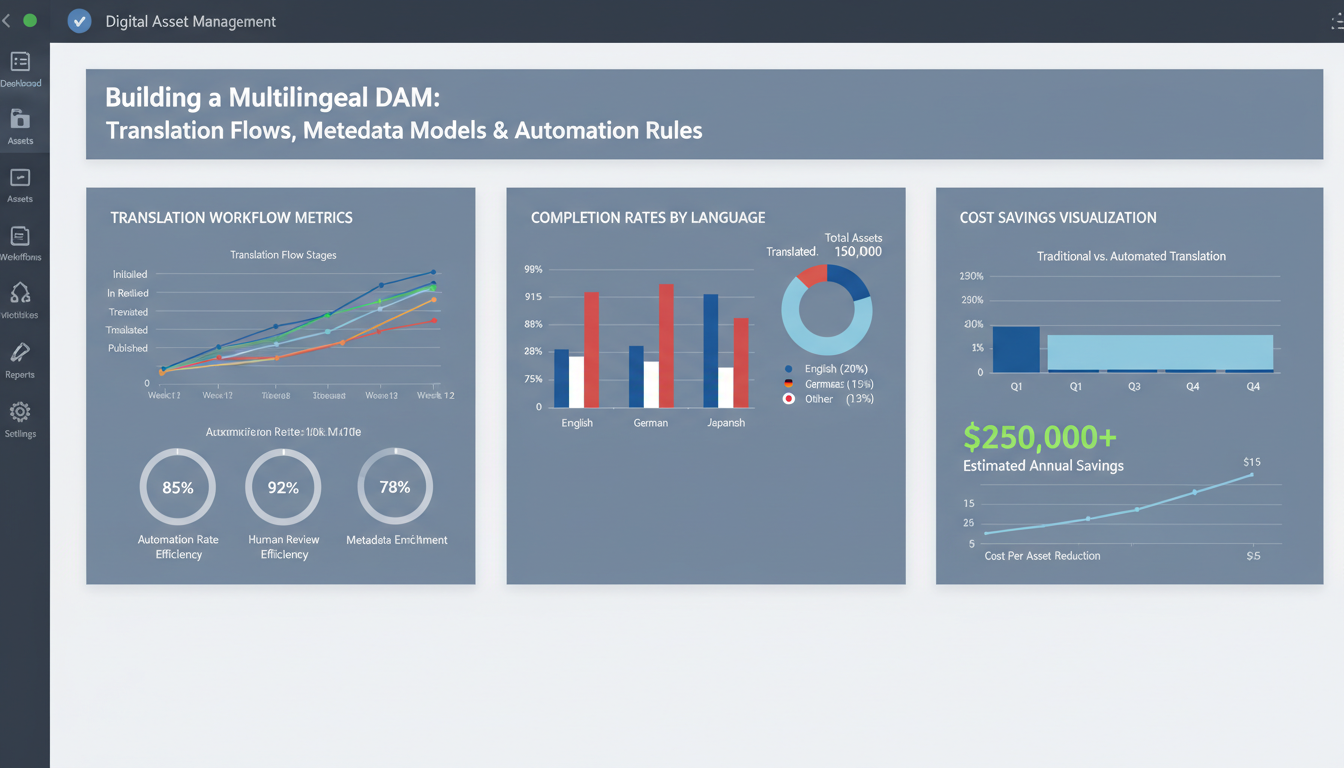 Multilingual DAM dashboard displaying translation workflow metrics, completion rates, and localized metadata analytics