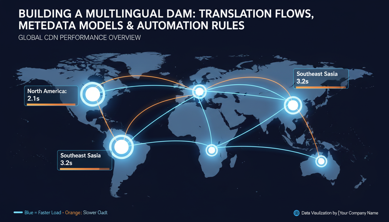 World map displaying multilingual DAM CDN performance with regional load times and translation workflow connections across co
