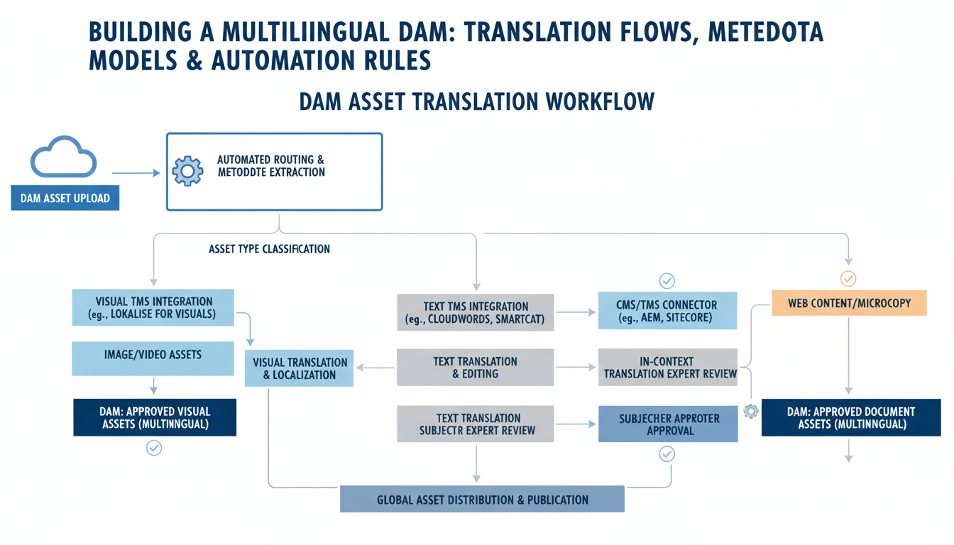 Multilingual DAM workflow diagram showing automated translation routing with branching paths for different asset types and ap