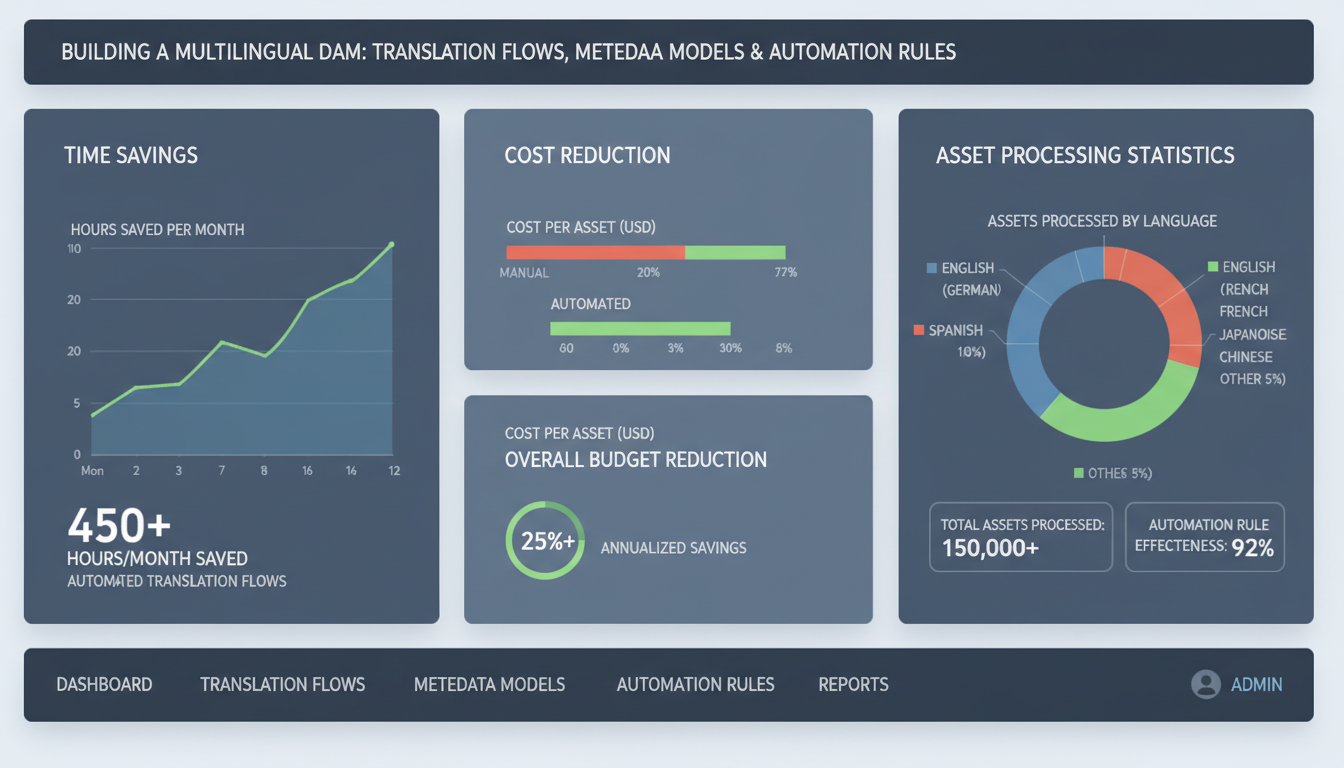 Multilingual DAM dashboard displaying translation workflow metrics, cost savings charts, and localized metadata processing st