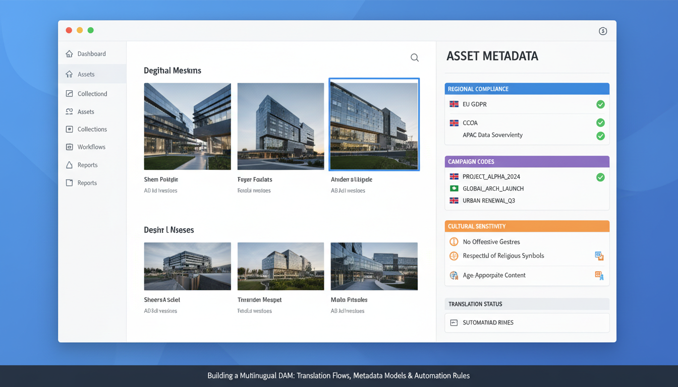 Multilingual DAM interface displaying localized metadata panel with translation workflow tags and regional compliance flags