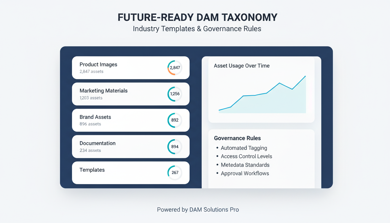 DAM taxonomy dashboard displaying 6-category structure with asset metrics for future-ready digital asset management