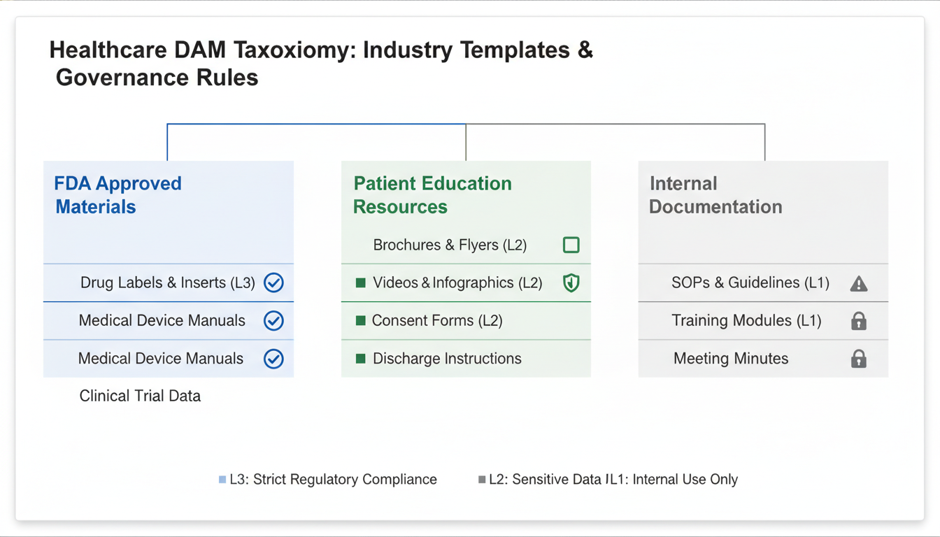 Healthcare DAM taxonomy chart with FDA Materials, Patient Education, and Internal Documentation branches showing governance s
