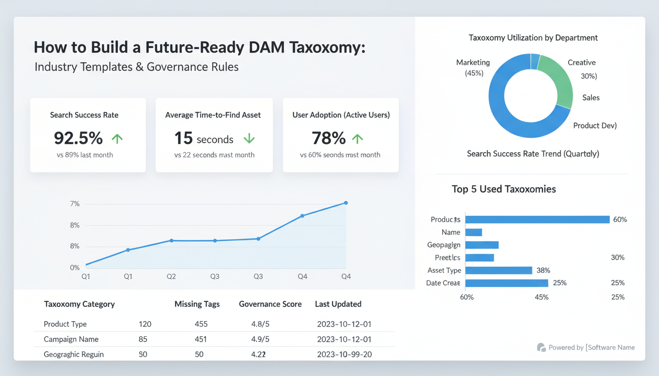 DAM taxonomy analytics dashboard displaying search success rates and user adoption KPIs for future-ready taxonomy governance