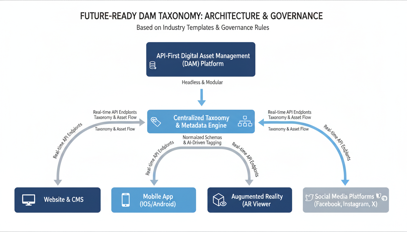 API-first DAM taxonomy architecture diagram showing governance rules connecting website mobile app AR and social platforms