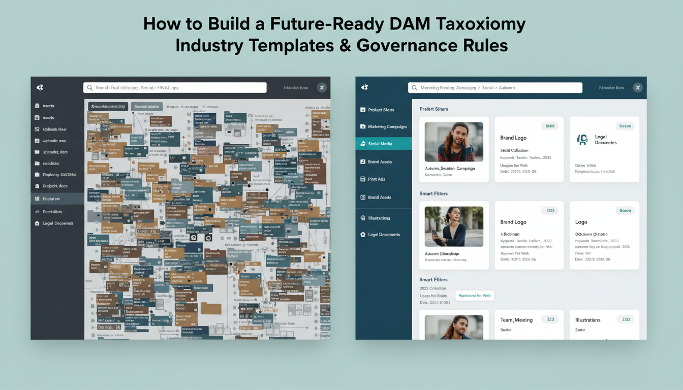 Split-screen comparison of chaotic old DAM system versus organized future-ready DAM taxonomy with clear governance rules