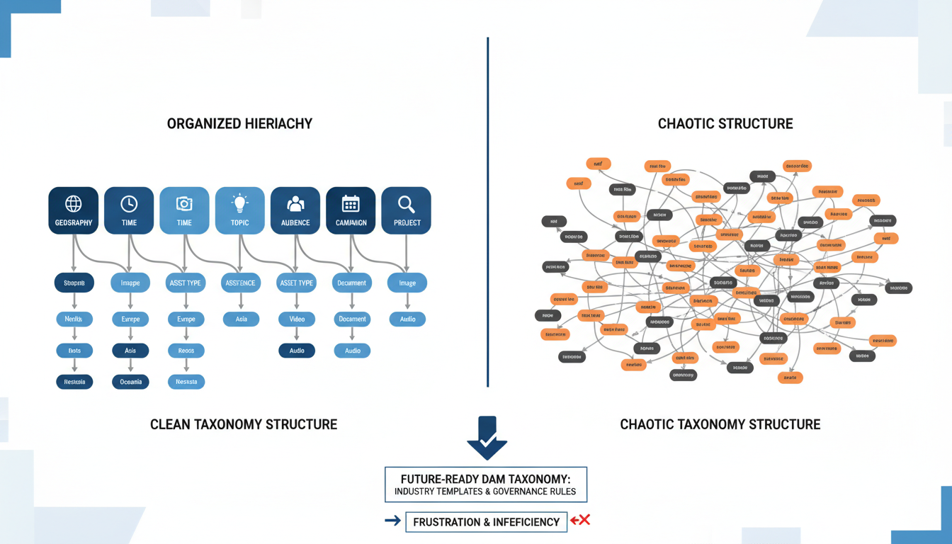 Clean DAM taxonomy structure with 7 organized categories versus chaotic 50+ subcategories showing proper taxonomy governance