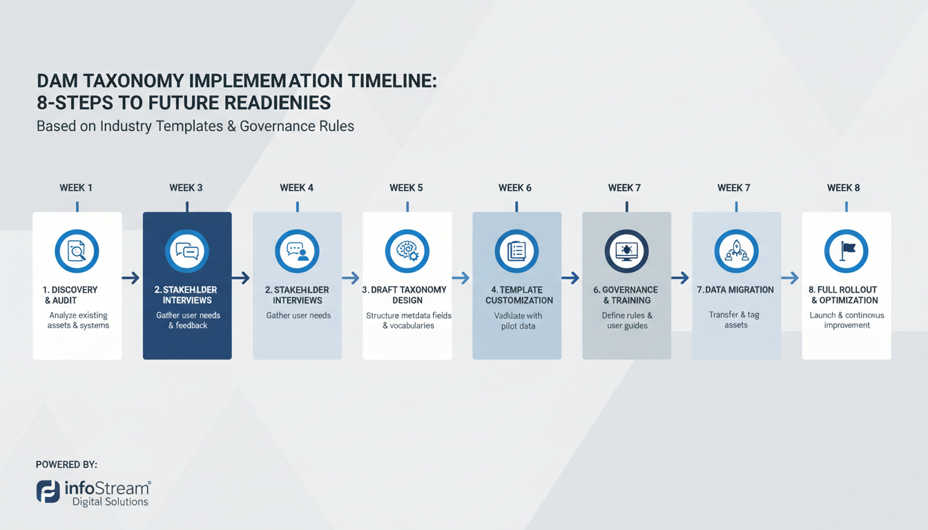 DAM taxonomy implementation workflow diagram showing 8-step timeline with audit, testing, and rollout phases for future-ready