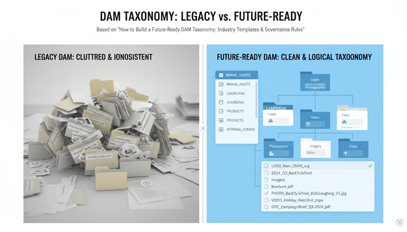 Split-screen showing cluttered legacy DAM vs organized future-ready DAM taxonomy with consistent naming and logical hierarchy