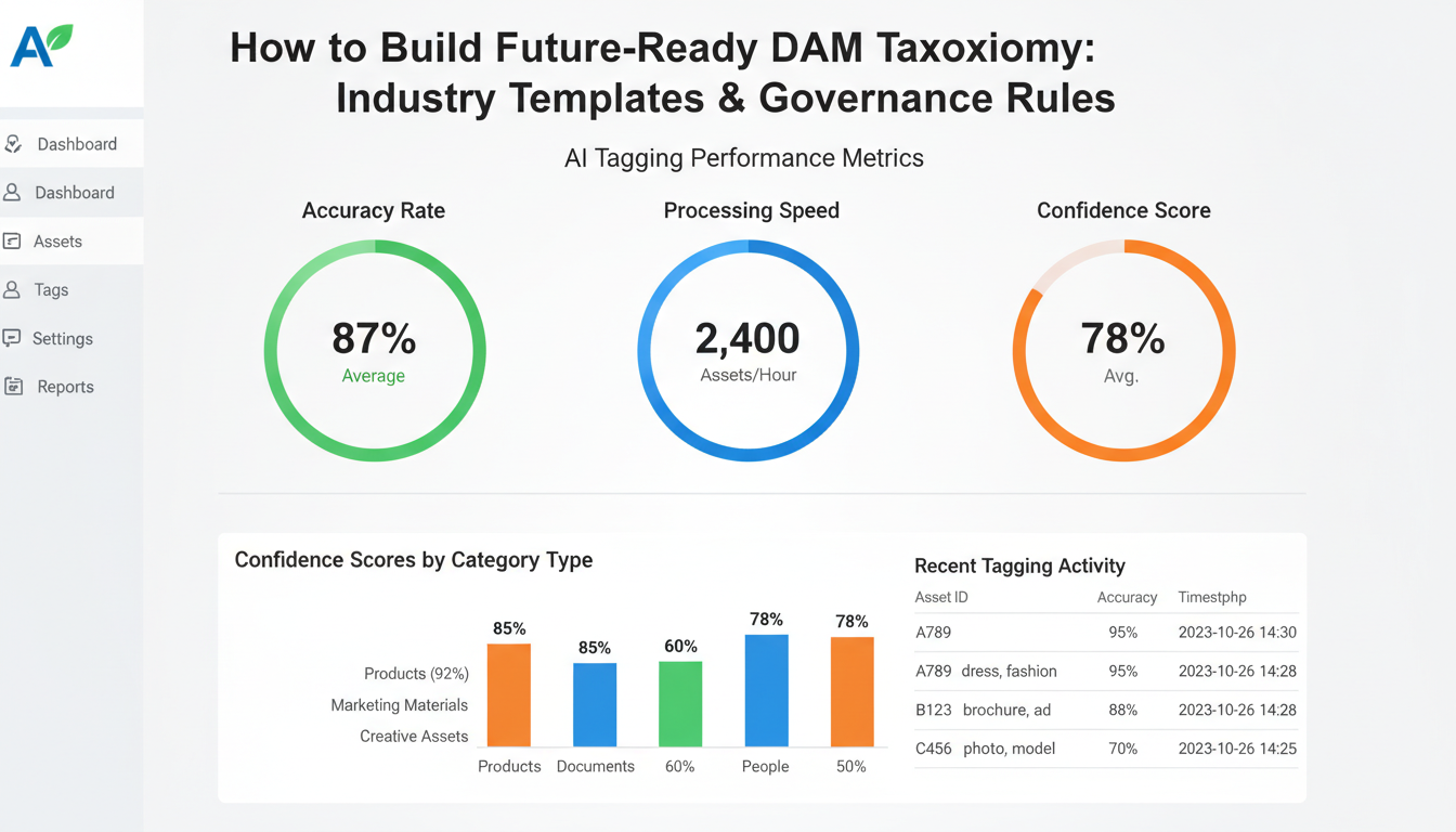 DAM taxonomy dashboard displaying AI tagging metrics with 87% accuracy rate and governance performance data for assets