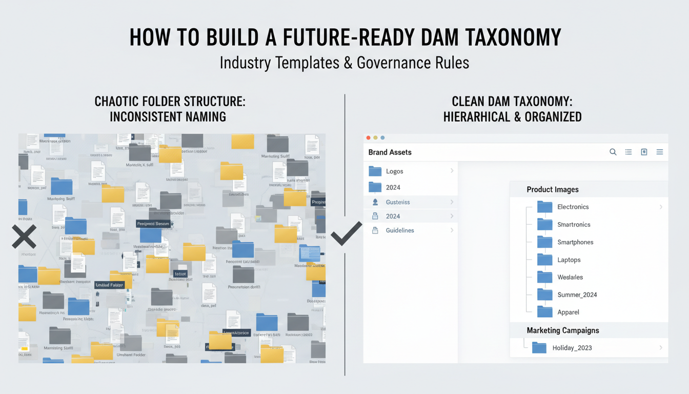 Split-screen showing chaotic file folders vs organized DAM taxonomy structure with clear hierarchy and governance rules
