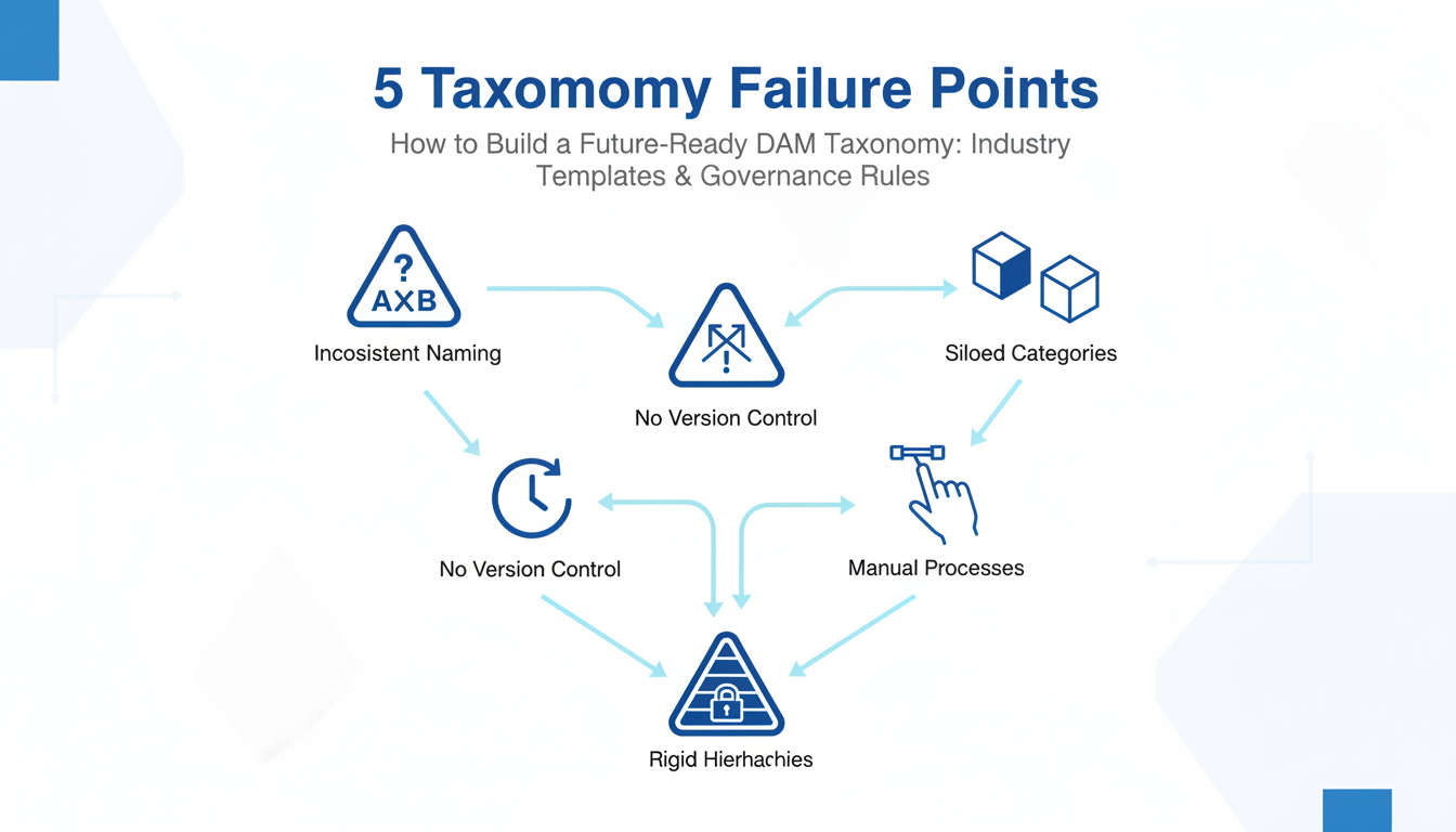Professional infographic displaying 5 DAM taxonomy failure points with warning icons showing taxonomy governance challenges a