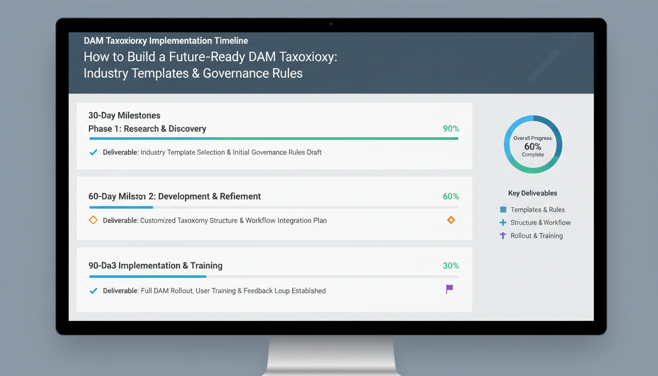 DAM taxonomy implementation timeline dashboard showing 90-day milestones and progress bars for future-ready taxonomy governan