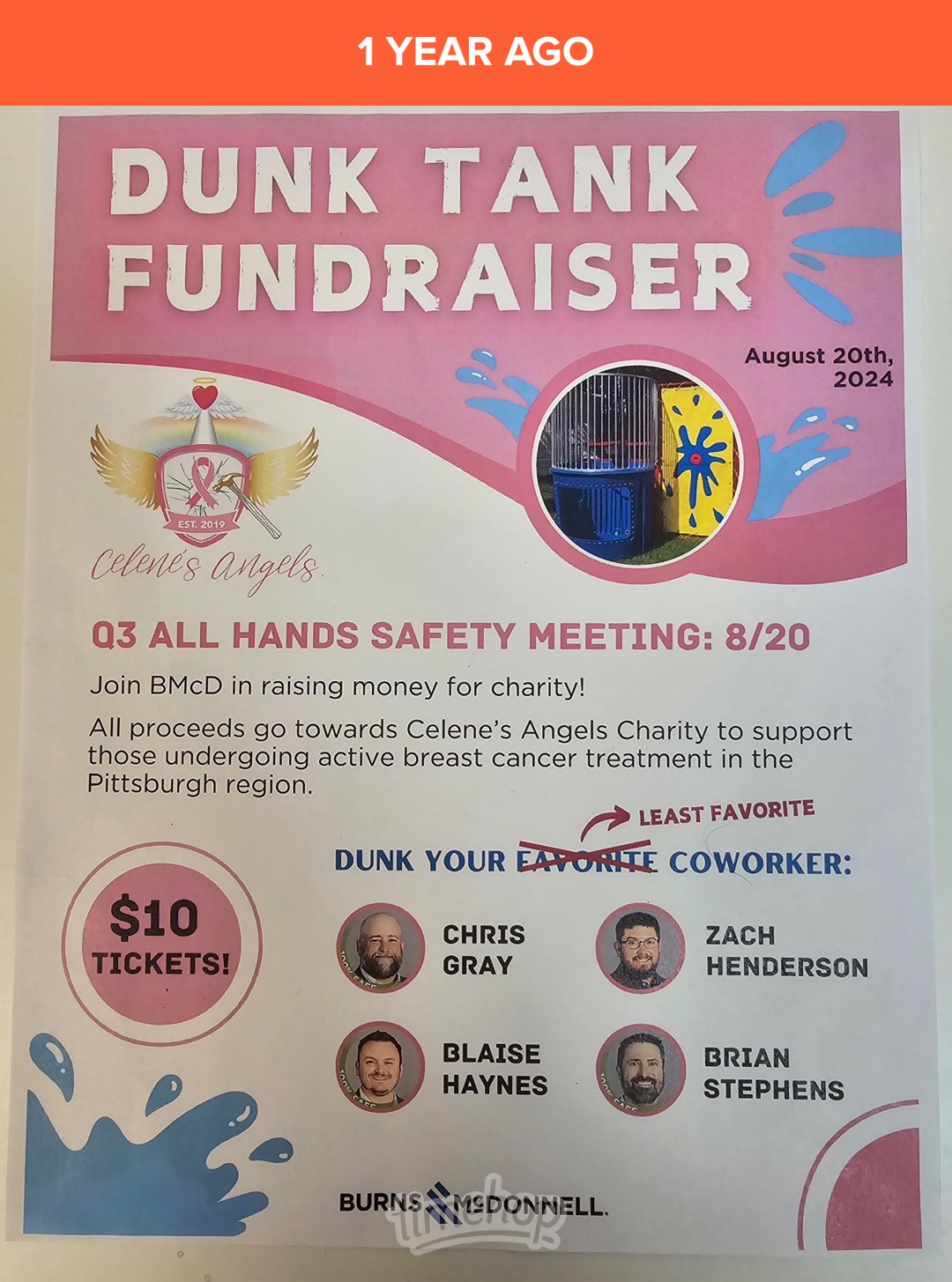 Burns & McDonnell employees' Dunk Tank Fundraiser flyer benefiting Celene's Angels, August 20, 2024