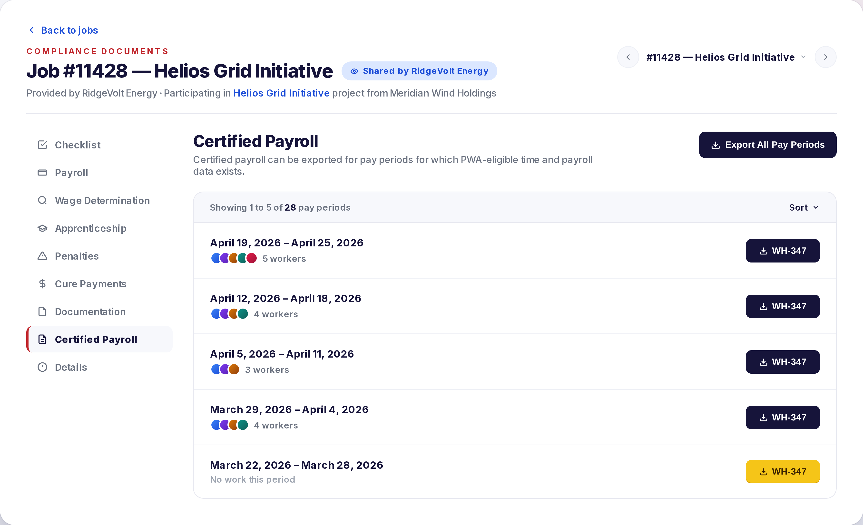 DSPTCH Certified Payroll view with one-click WH-347 export
