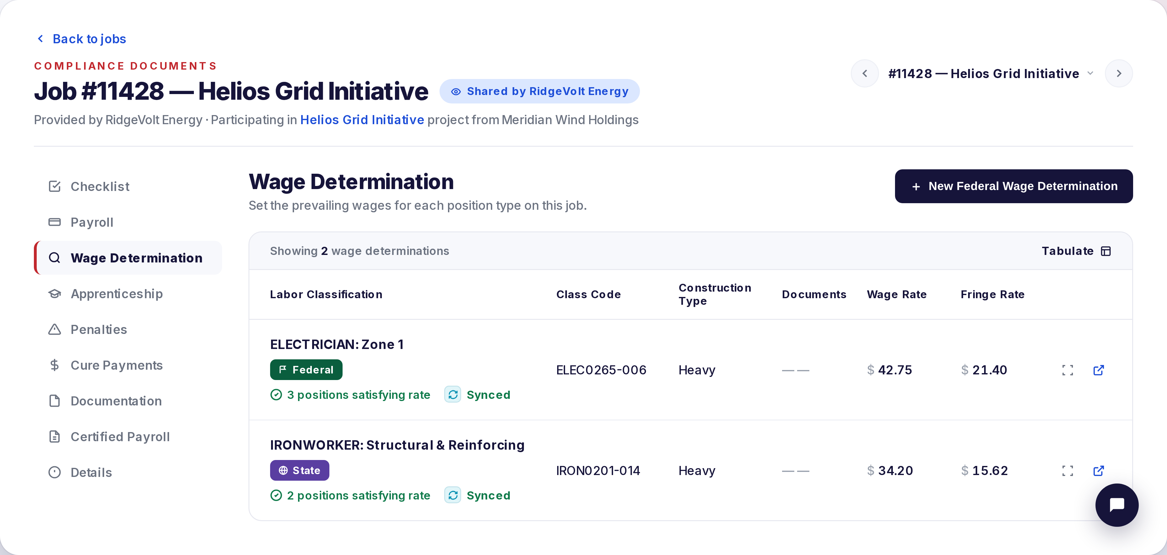 DSPTCH Wage Determination view with per-classification federal and state wage rates