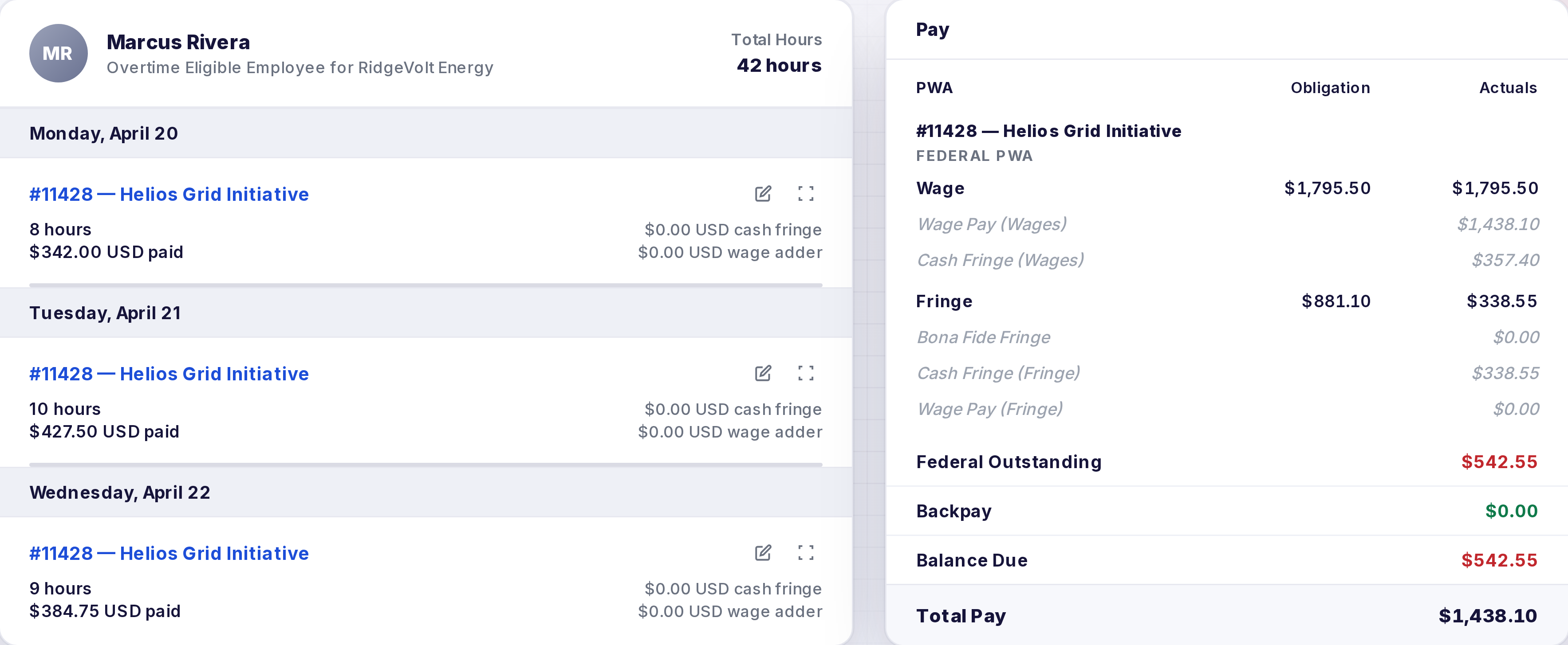 DSPTCH Worker Timecard view showing real-time PW calculations and fringe breakdown