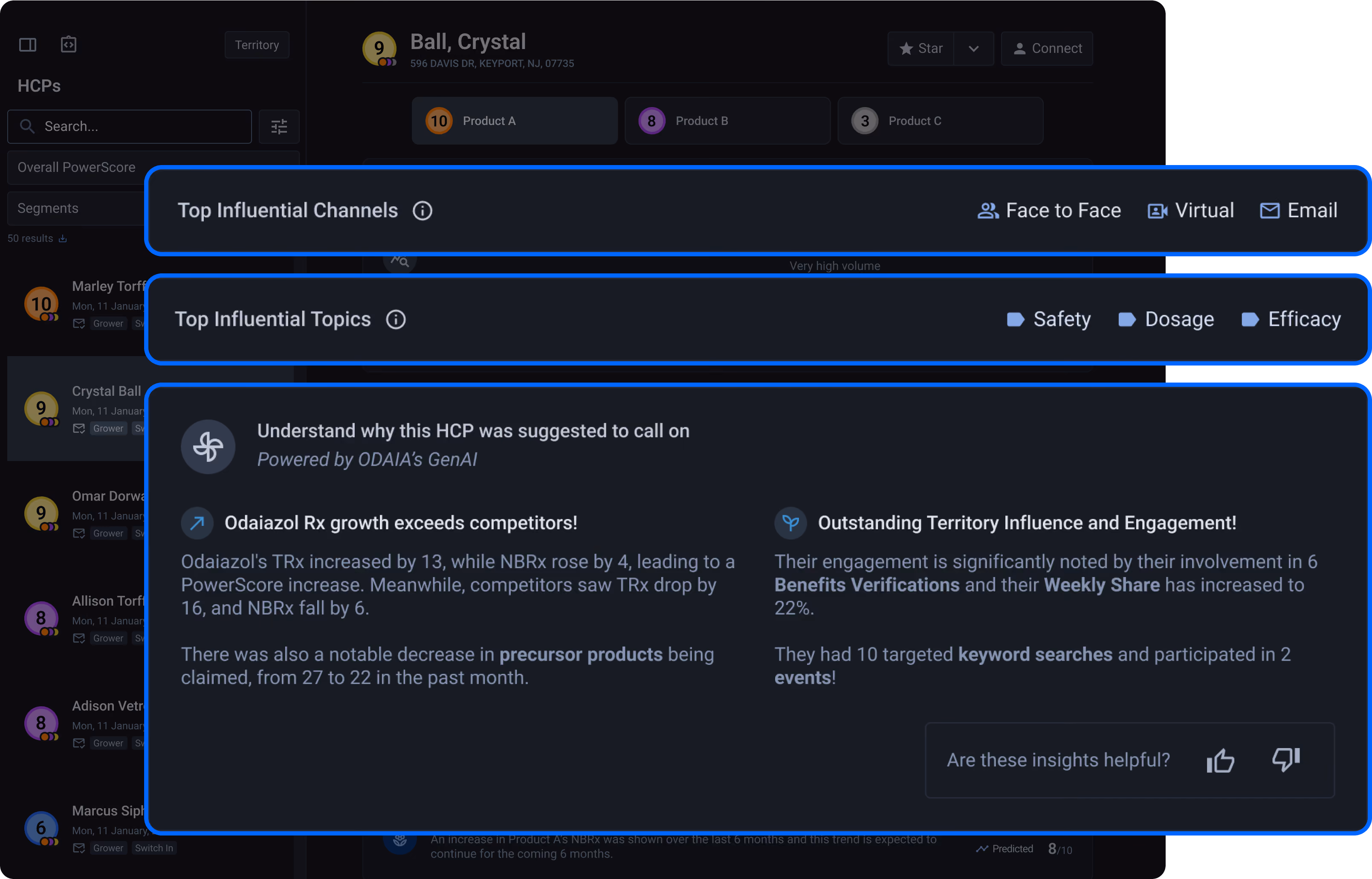 Product screenshot of HCP engagement actions generated in MAPTUAL. 