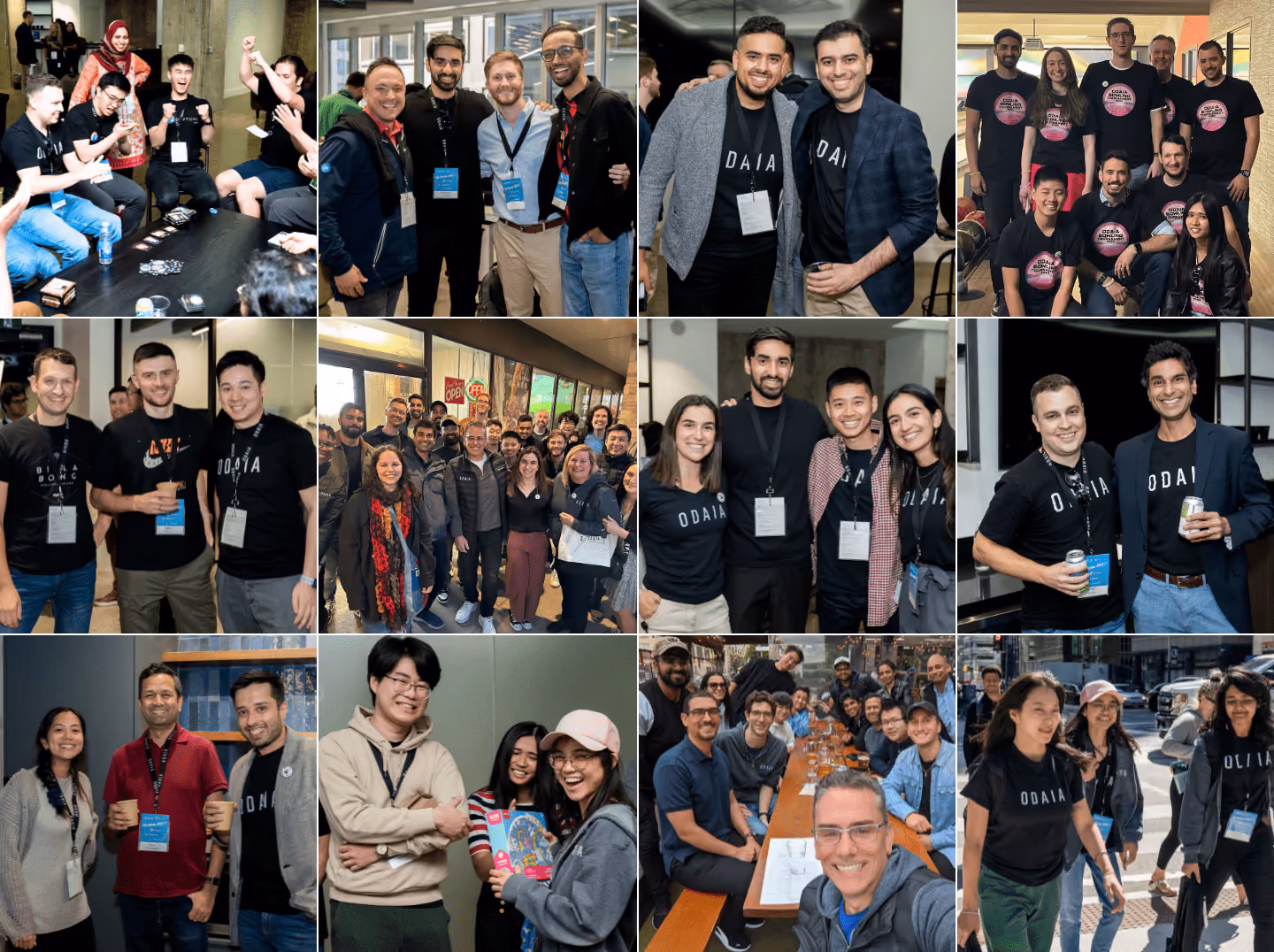 Collage of diverse teams smiling, socializing, and posing at various indoor and outdoor company events with people wearing ODAIA branded shirts and badges.