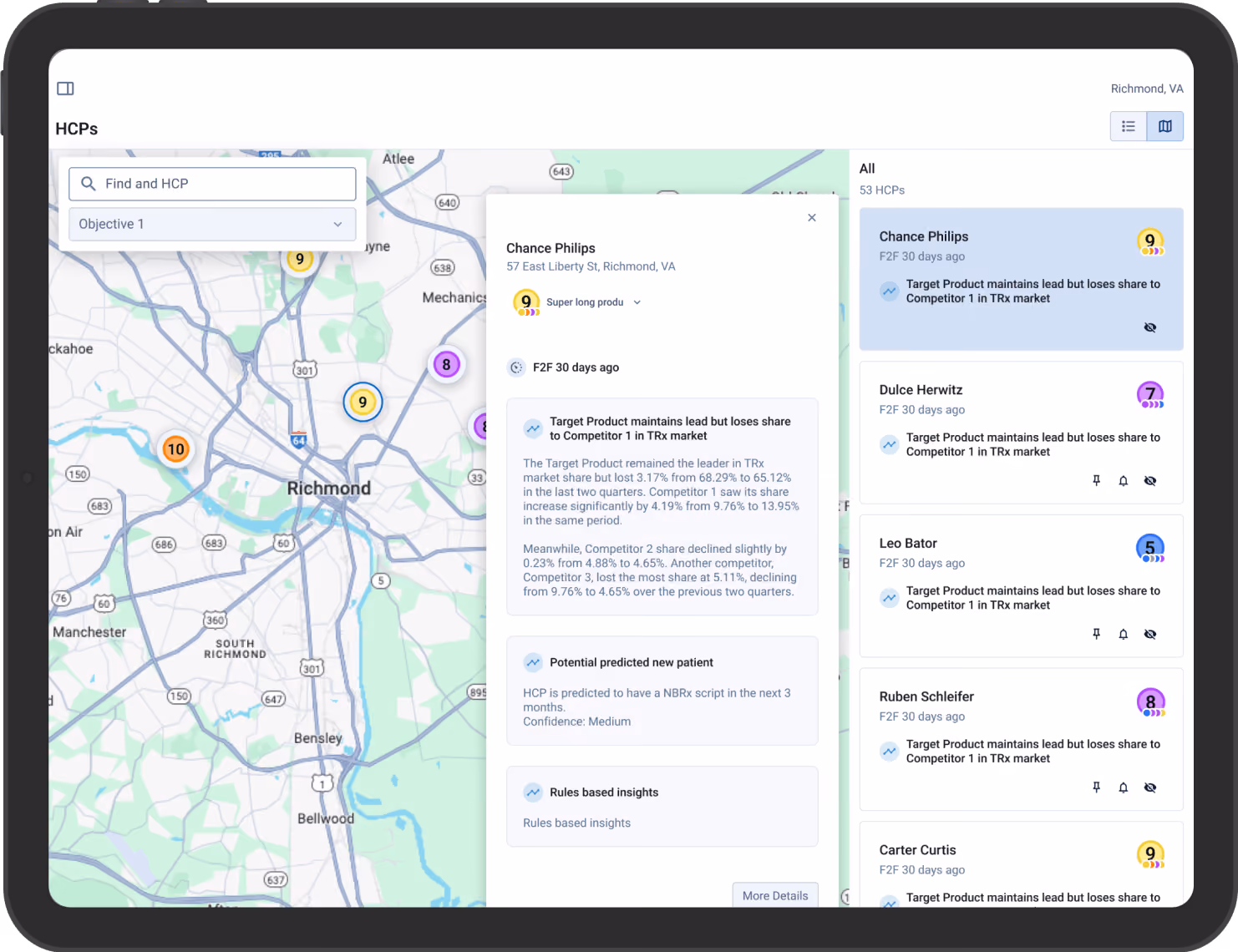 A mapping/ routing interface that shows geographic location of HCPs in a sales reps territory. 