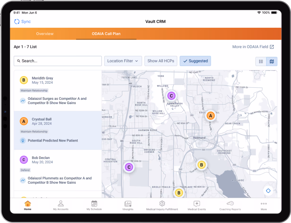 Veeva CRM dashboard showing ODAIA integration with HCP map and routing view. 