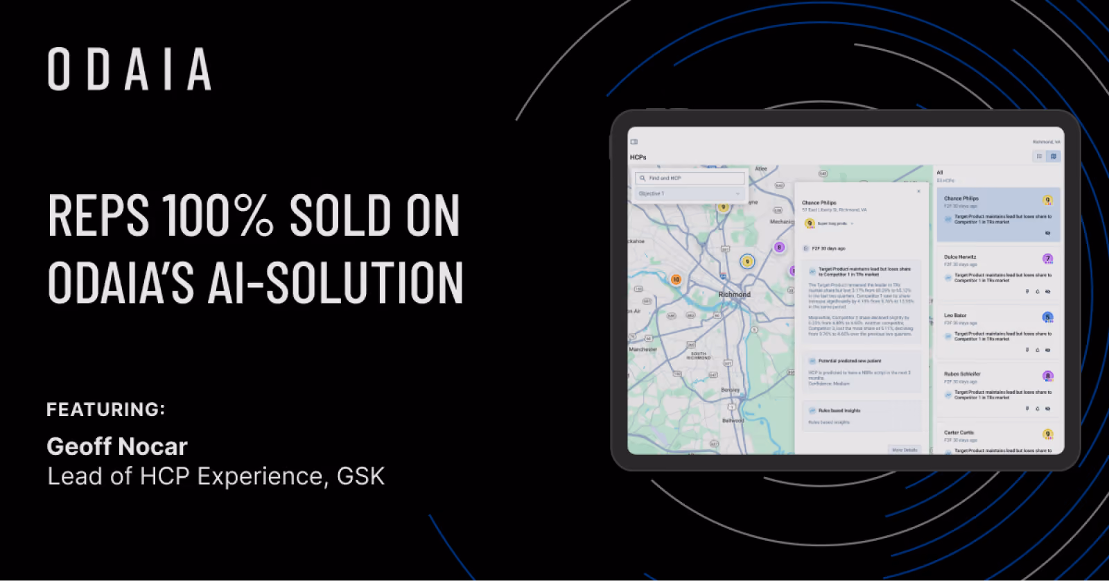 Tablet screen displaying a map interface with healthcare professional data alongside the text 'Reps 100% sold on Odaia’s AI-solution featuring Geoff Nocar, Lead of HCP Experience, GSK.'