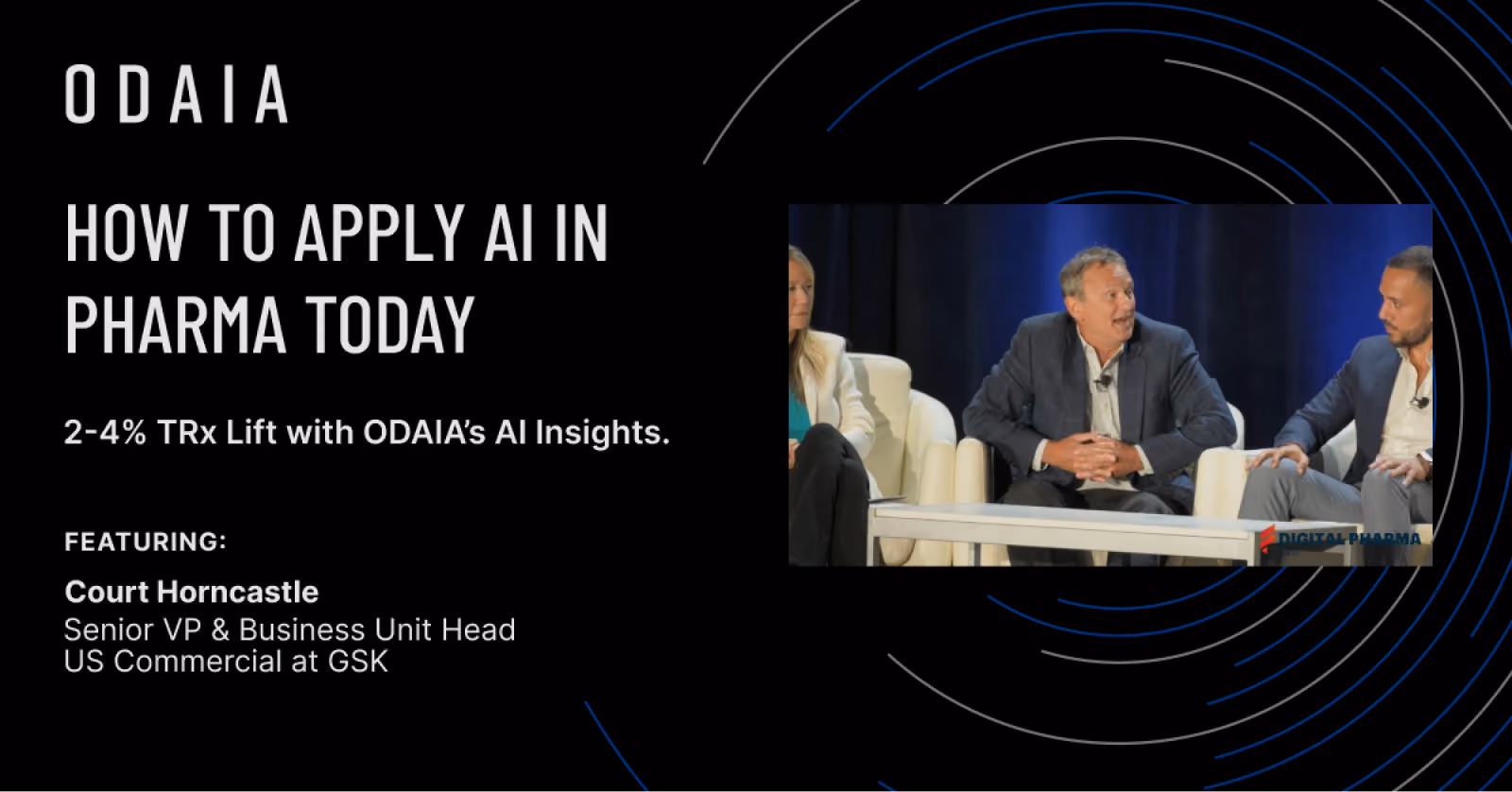 Panel discussion with three professionals seated on stage; text reads 'ODAIA How to apply AI in pharma today, 2-4% TRx lift with ODAIA's AI insights,' featuring Court Horncastle, Senior VP & Business Unit Head US Commercial at GSK.