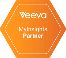 Hexagonal orange badge with white text reading 'Veeva MyInsights Partner'.