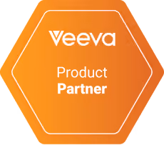 Veeva Product Partner badge with white text on an orange hexagonal background.