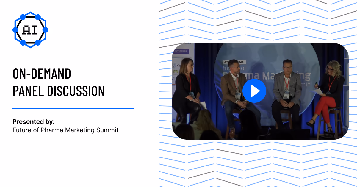 Thumbnail graphic for an On-demand panel discussion on AI in Pharma. 